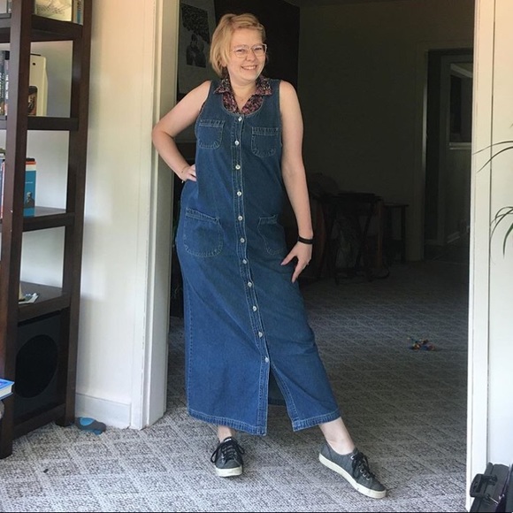 Vintage True Blue 52" Long Button Up Denim Dress - Picture 1 of 5